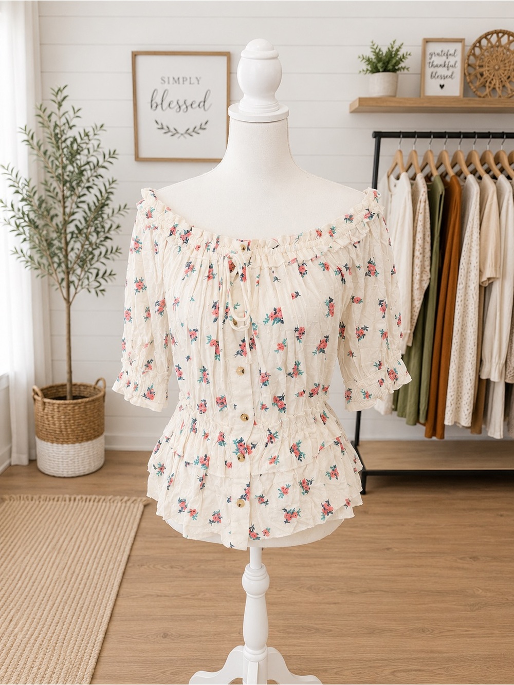 White Birch Floral Swiss Dot Off Shoulder Peplum Blouse Tie Neck L XL Boho NWT
